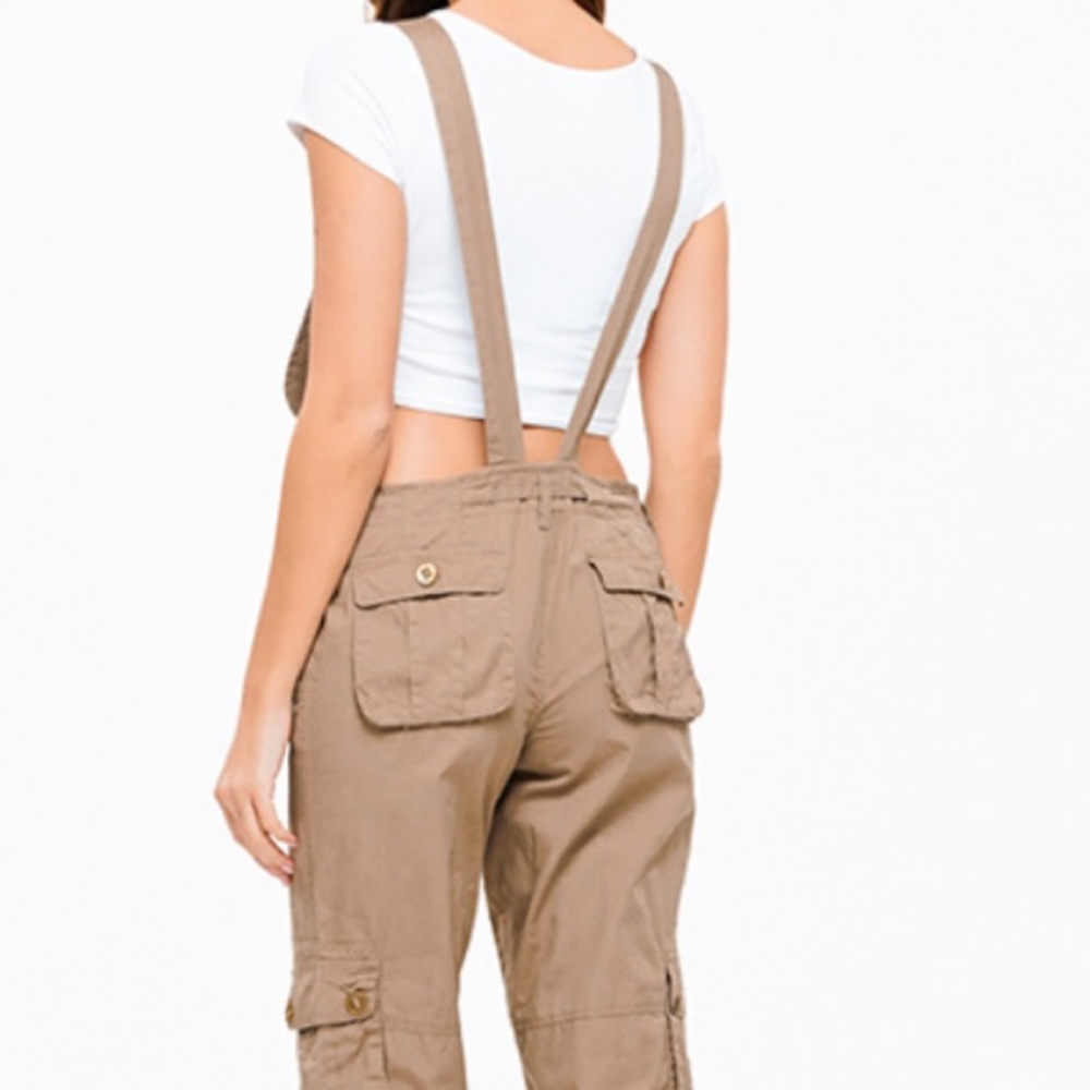 Khaki Cargo Slouch Drawstring Overalls Jumpsuit - Picture 6 of 7
